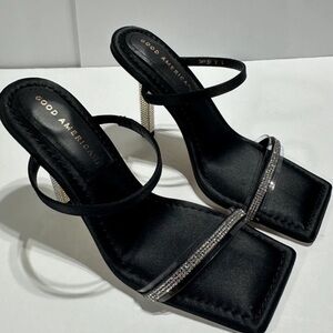 NEW GOOD AMERICAN Embellished Heels Black Main Satin Neoprene Gold+Diamond Heels
